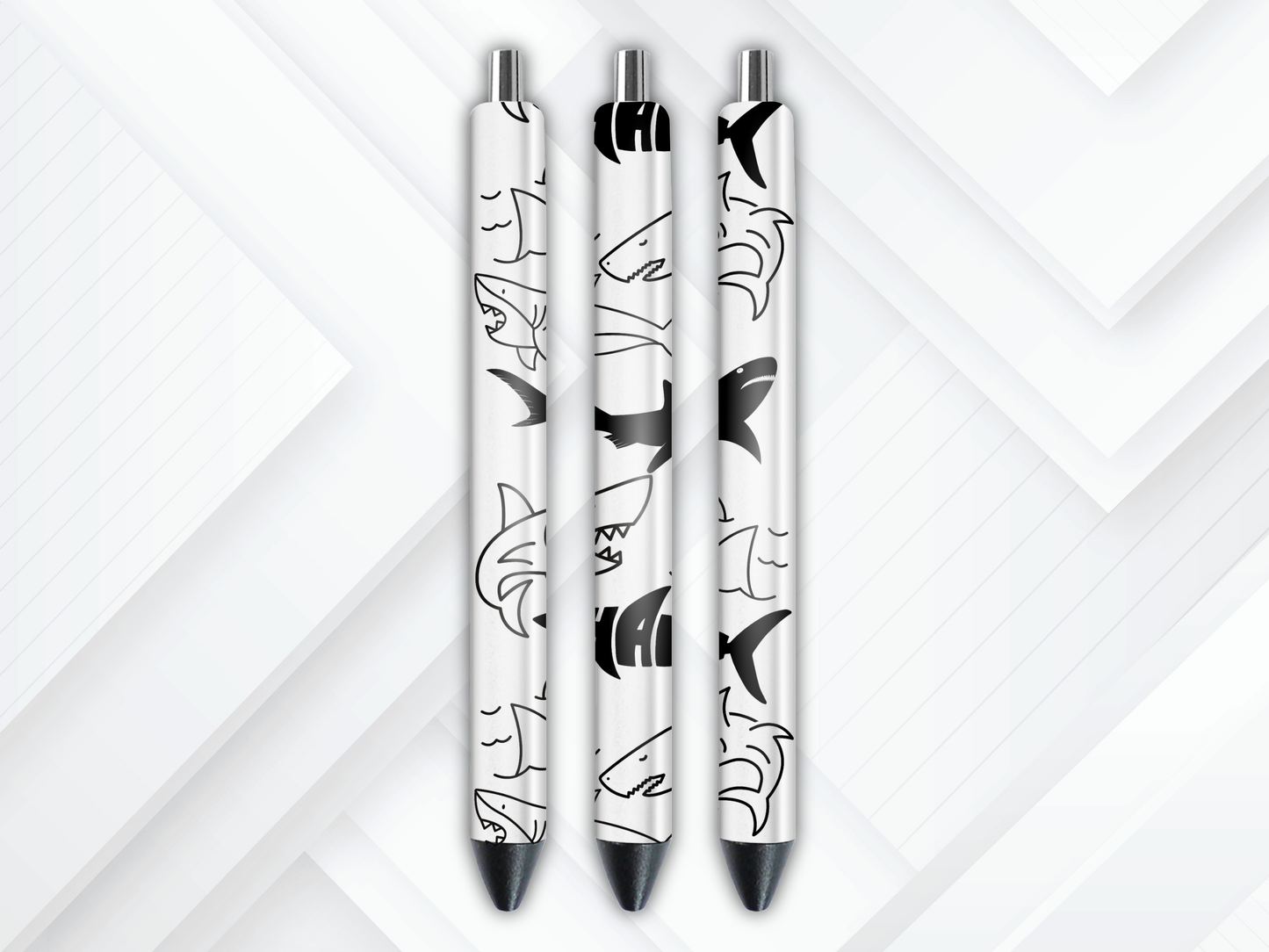 Seamless repeating pattern of white and gray sharks on a black background, featuring a 3D embossed glossy texture for UV DTF pen wrapping.