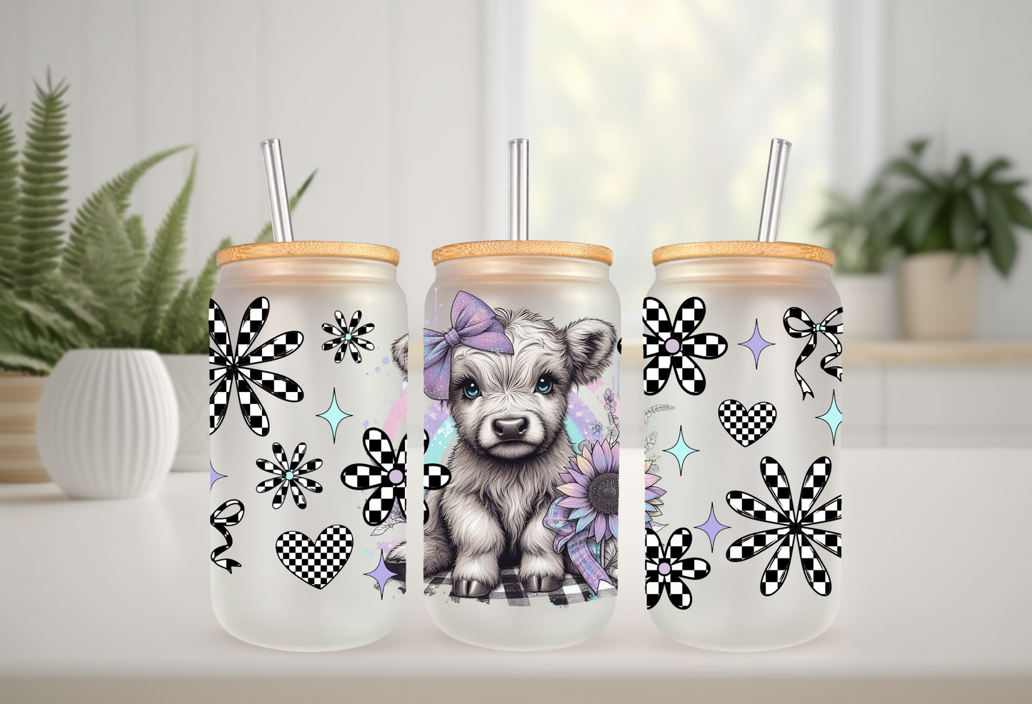 UVDTF Wrap Highland Cow Checkered Daisy 16oz Can Glass Mug Tumbler Wrap, Ready to apply, Permanent Adhesive