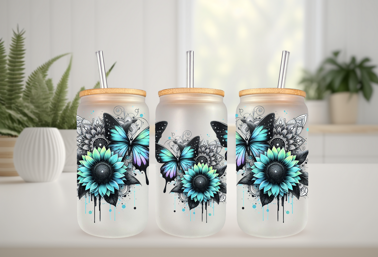 Butterfly Sunflower UV DTF Wrap For 16oz Can Glass Tumbler Full Wrap Permanent Decal Iced Coffee Cup Decor DIY Craft Supply