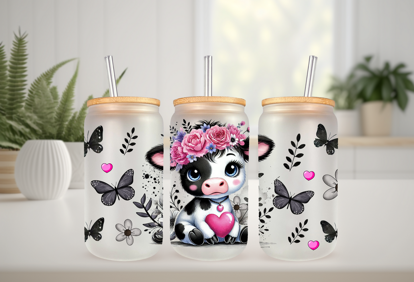 UVDTF Wrap Cute Cow Floral Butterfly For 16oz Can Glass Mug Tumbler, Ready to Apply, Permanent Waterproof Adhesive