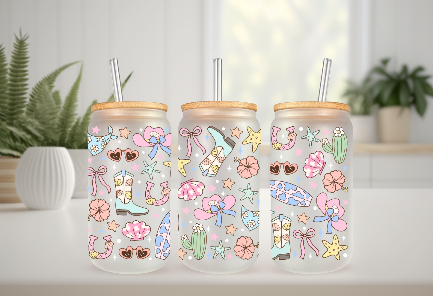 UVDTF Wrap Coastal Cowgirl for 16oz Can Glass Mug Tumbler, Daisy Wrap, Ready to Apply, Permanent Waterproof Adhesive