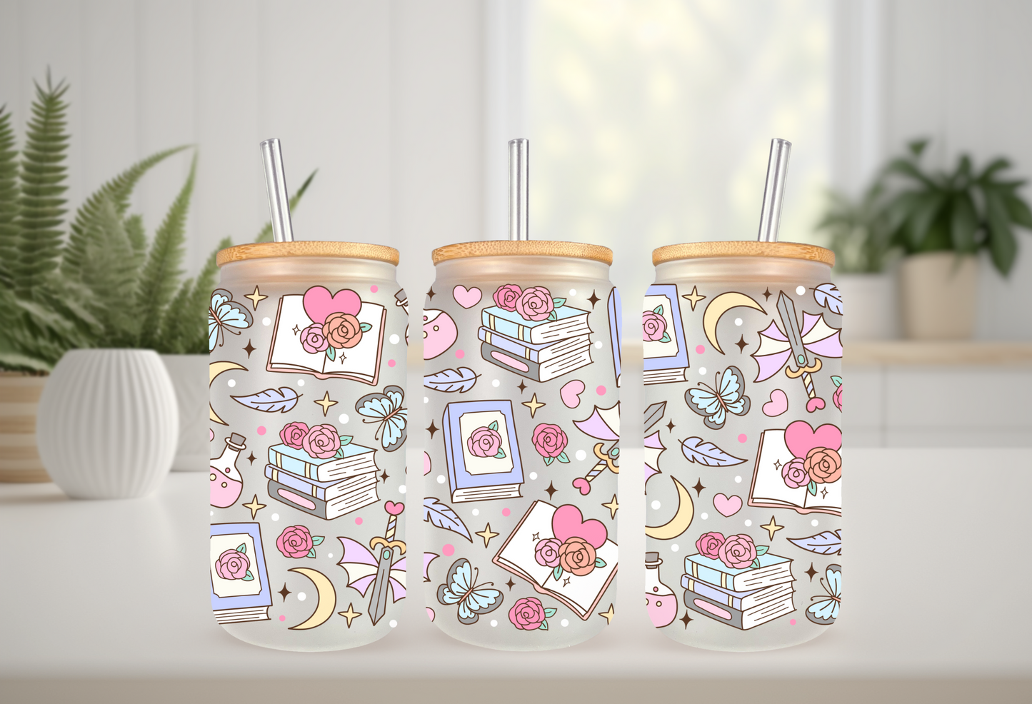UVDTF Wrap Fantasy Books 16oz Can Glass Mug Tumbler, Ready to apply, Permanent Waterproof Adhesive