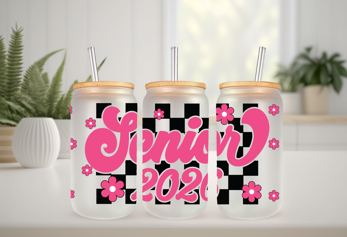 UVDTF Wrap Senior 2026 Checkered for 16oz Can Glass, Mug Tumbler, Ready to Apply, Permanent Adhesive, Exclusive
