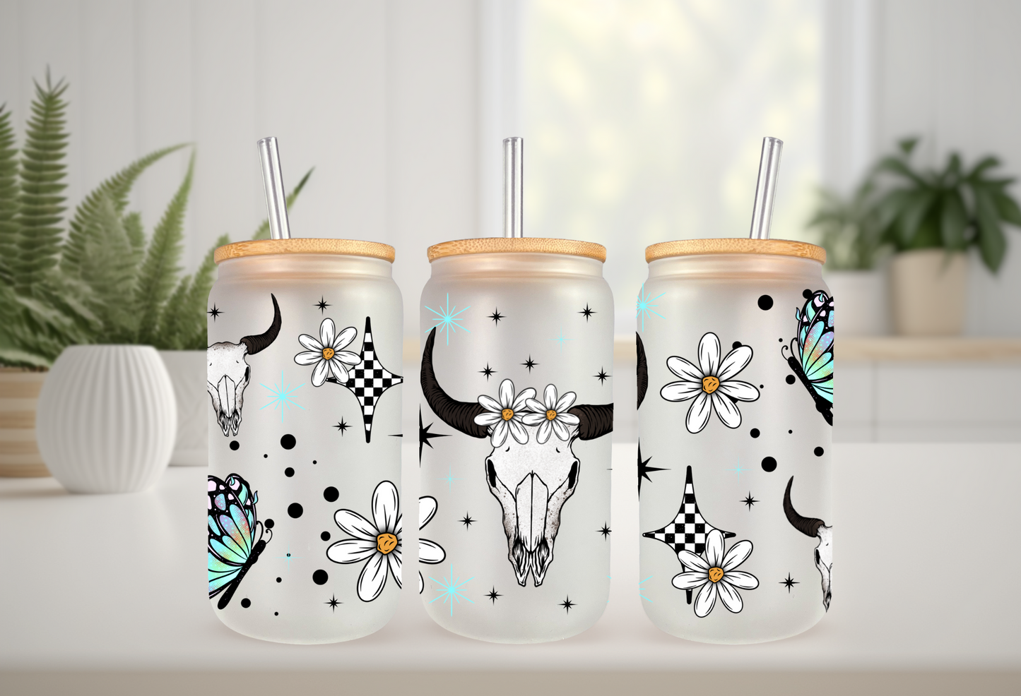 UVDTF Wrap Daisy Butterfly Cow Skull for 16oz Can Glass Mug Tumbler, Ready to apply, Permanent Waterproof Adhesive, Double Sided Option