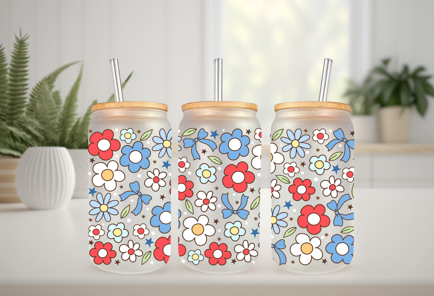 UVDTF Wrap Floral Independence Day 16oz Can Glass Mug Tumbler, Ready to apply, Permanent Waterproof Adhesive