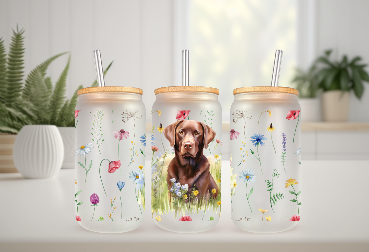 UVDTF Wrap Chocolate Lab Floral 16oz Can Glass Mug Tumbler, Dog Wrap, Ready to apply, Permanent Waterproof Adhesive