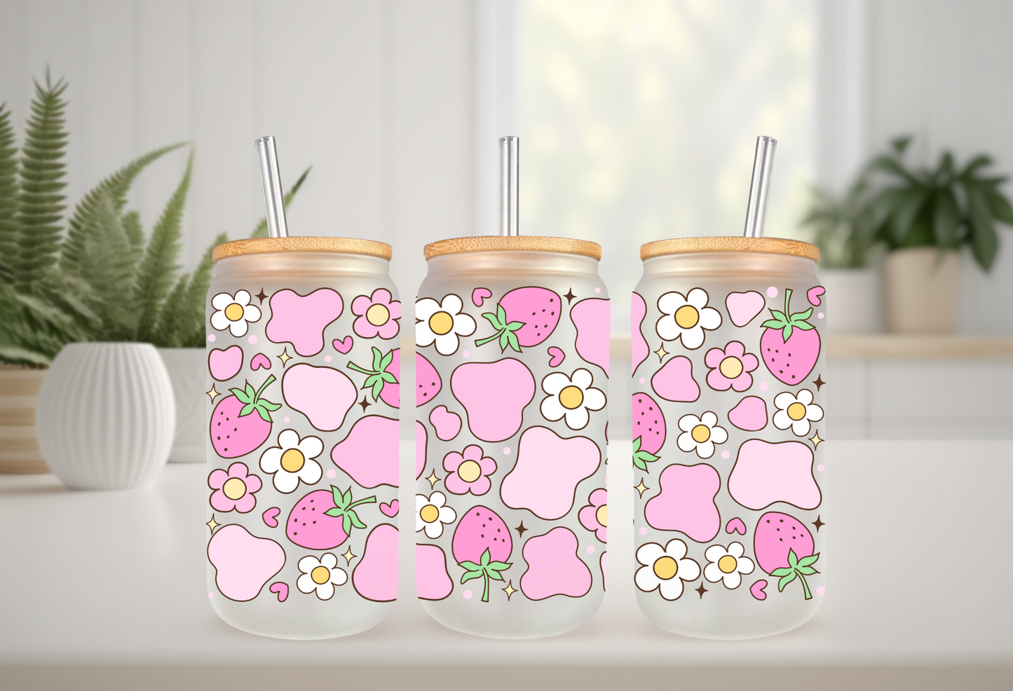 UVDTF Wrap Strawberry Cow Print Daisy 16oz Can Glass Mug Tumbler, Strawberry Wrap, Ready to apply, Permanent Waterproof Adhesive
