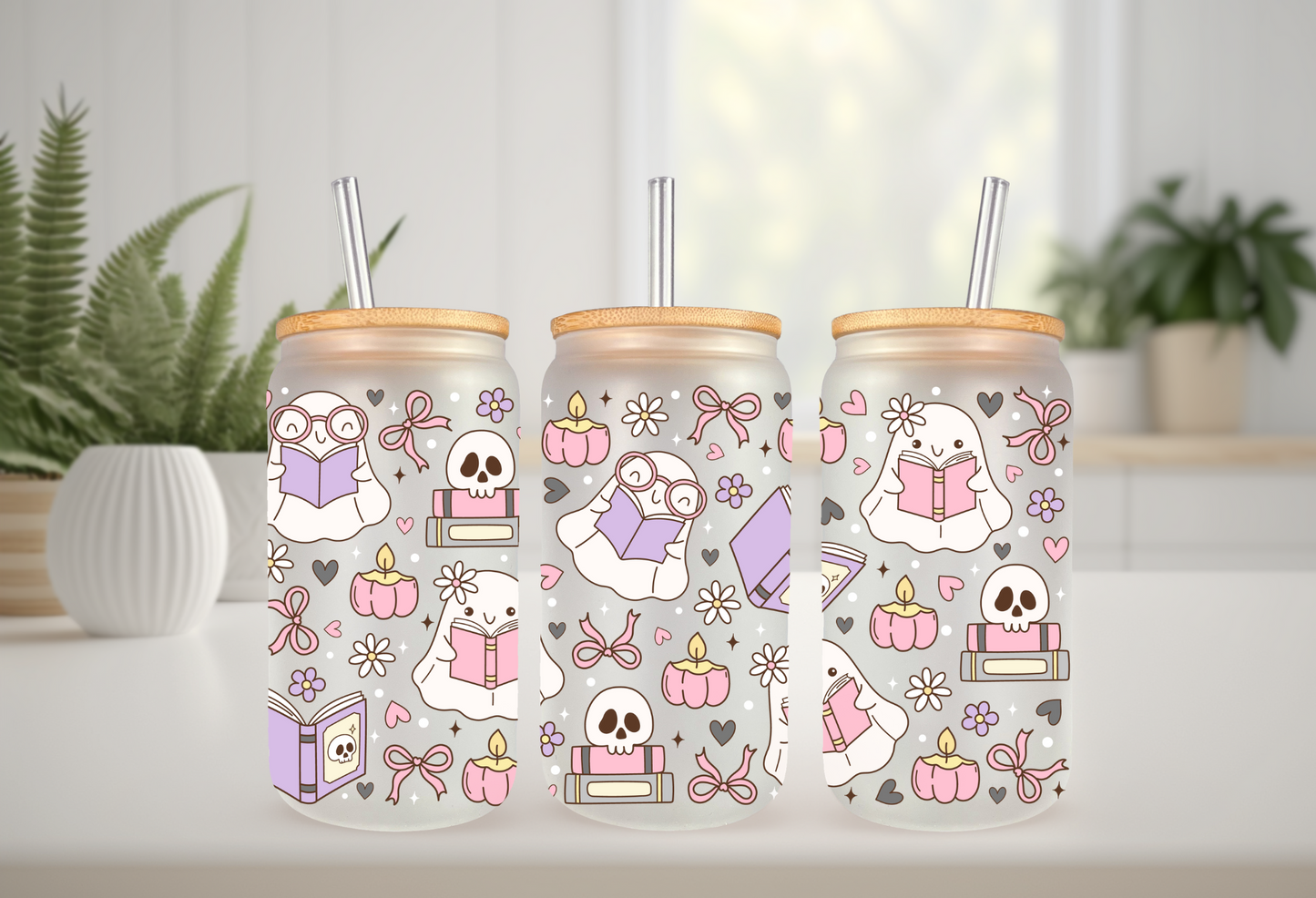 UVDTF Wrap floral Ghost Books 16oz Can Glass Mug Tumbler Wrap, Ready to apply, Permanent Waterproof Adhesive, Double sided option (Copy)