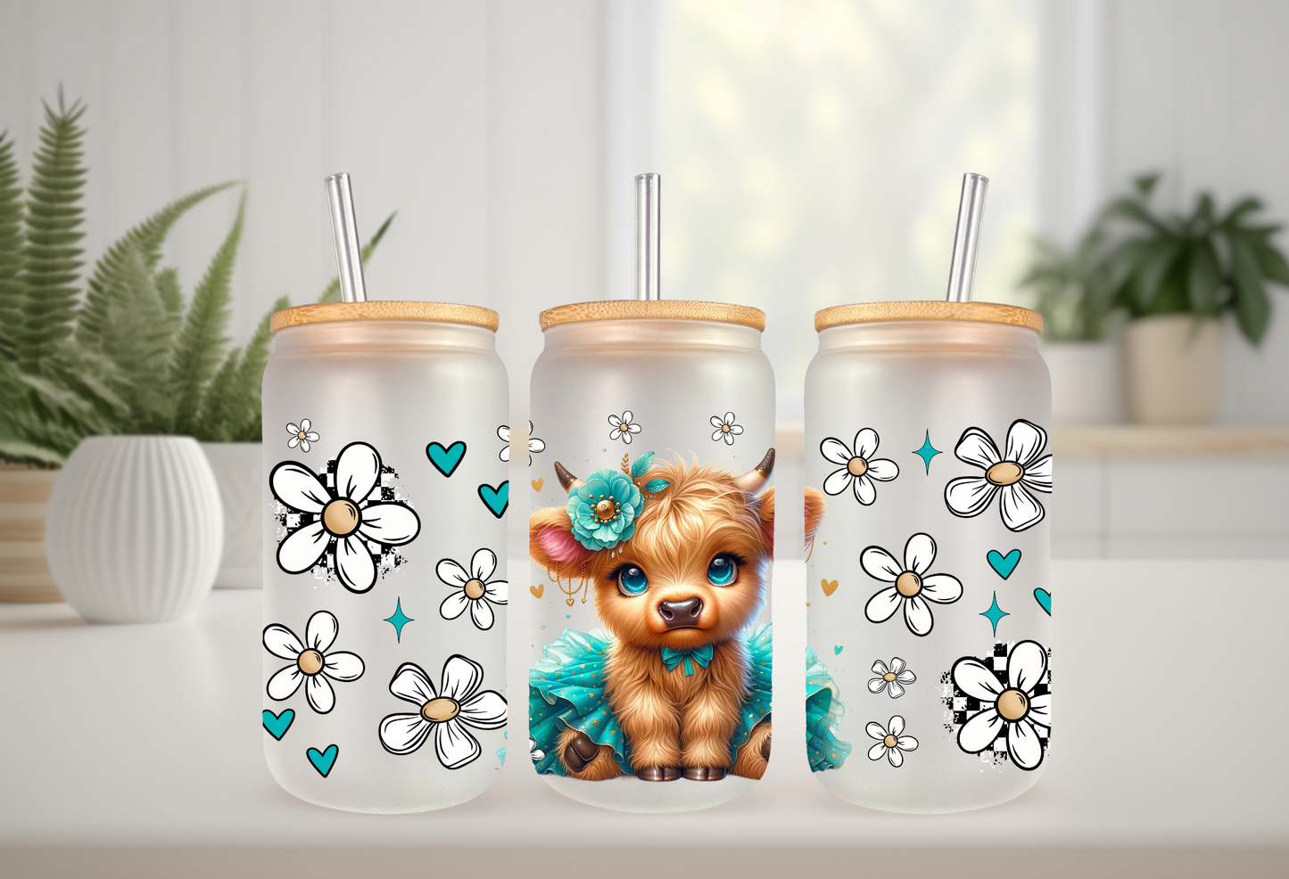 UVDTF Wrap Highland Cow Teal Tutu Daisy 16oz Can Glass Mug Tumbler Wrap, Ready to apply, Permanent Adhesive
