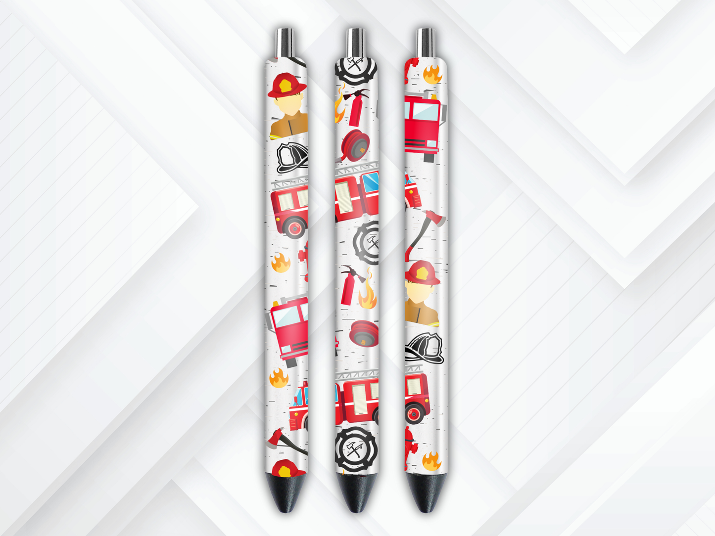 UV DTF pen wrap featuring firefighter, sized for standard pens with peel-and-stick application.