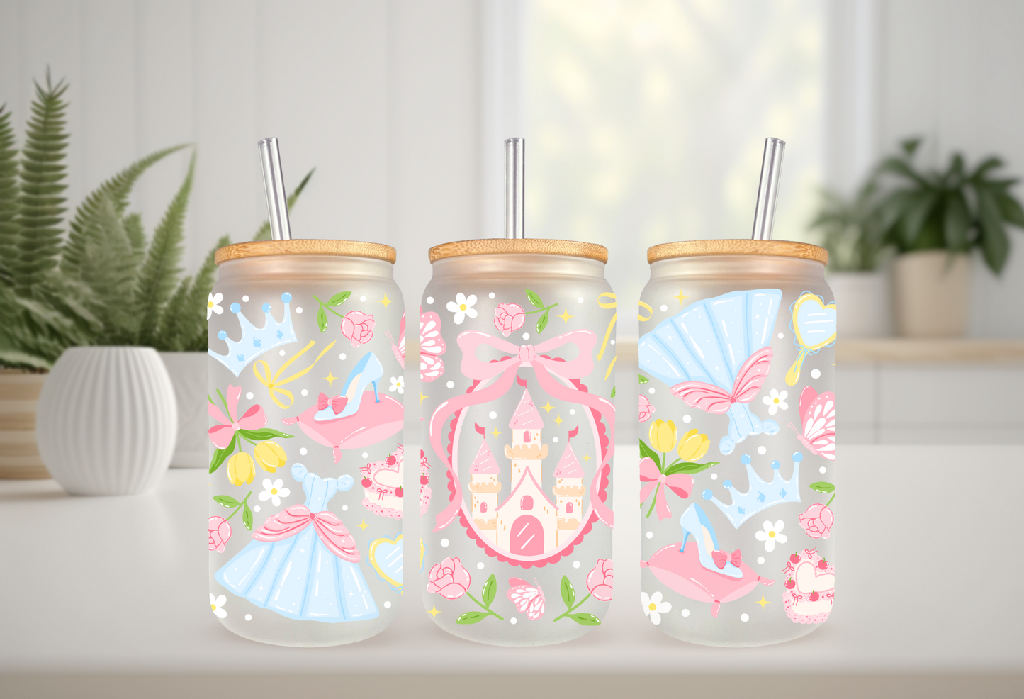 UVDTF Wrap Pastel Princess 16oz Can Glass Mug Tumbler, Ready to apply, Permanent Waterproof Adhesive