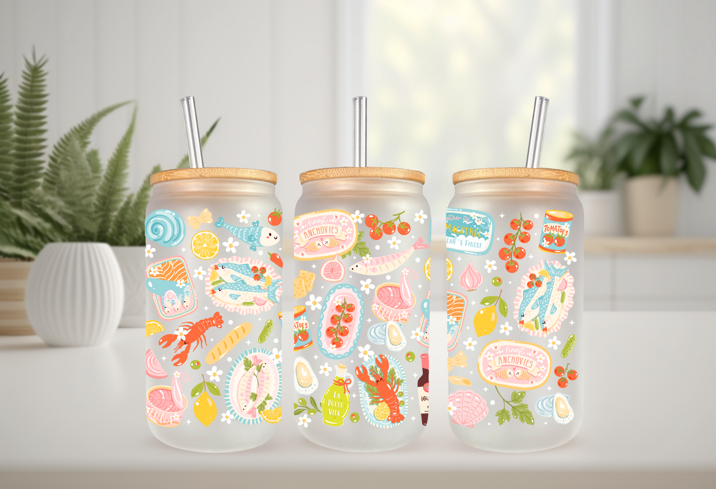 UVDTF Wrap Seafood Broil 16oz Can Glass Mug Tumbler Wrap, Ready to apply, Permanent Waterproof Adhesive, Double sided option