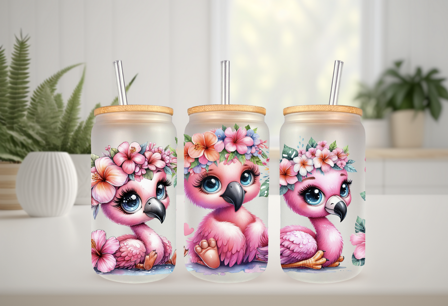 Floral Pink Flamingo UVDTF Wrap For 16oz Can Glass Tumbler, Ready to apply, Permanent Waterproof Adhesive