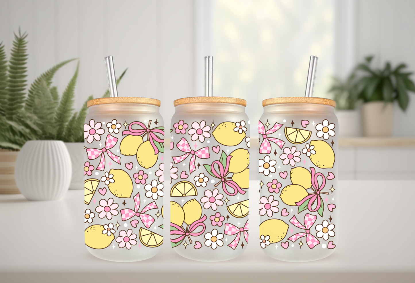 UVDTF Wrap Lemon Daisy Bow Checkered for 16oz Can Glass Mug Tumbler, Ready to apply, Permanent Waterproof Adhesive