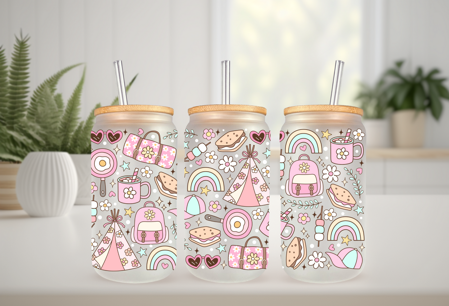 UVDTF Wrap Girly Camp 16oz Can Glass Mug Tumbler, Ready to apply, Camp Wrap, Permanent Waterproof Adhesive