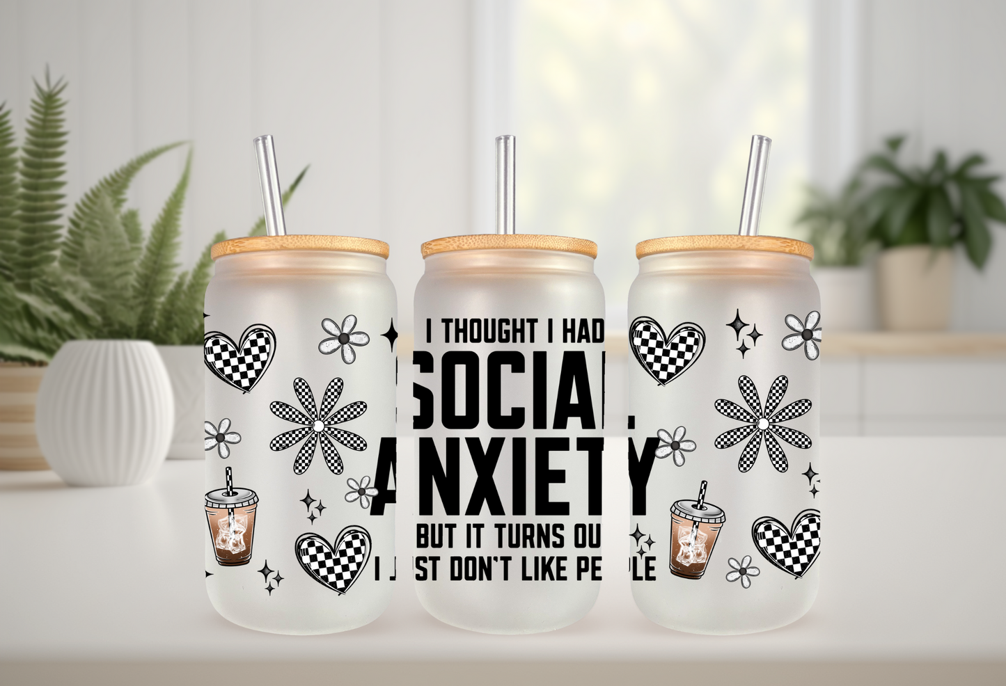 UVDTF Wrap Social Anxiety for 16oz Can Glass Mug Tumbler, Funny Sarcastic, Checkered Design, Ready to Apply, Permanent Waterproof Adhesive