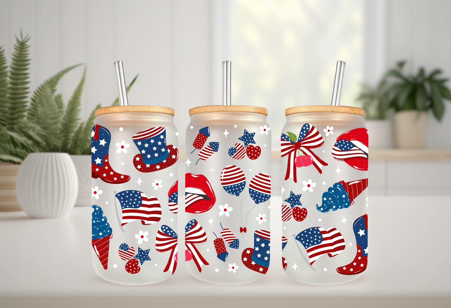 UVDTF Wrap 4th of July 16oz Can Glass Mug Tumbler, Ready to apply, Permanent Waterproof Adhesive