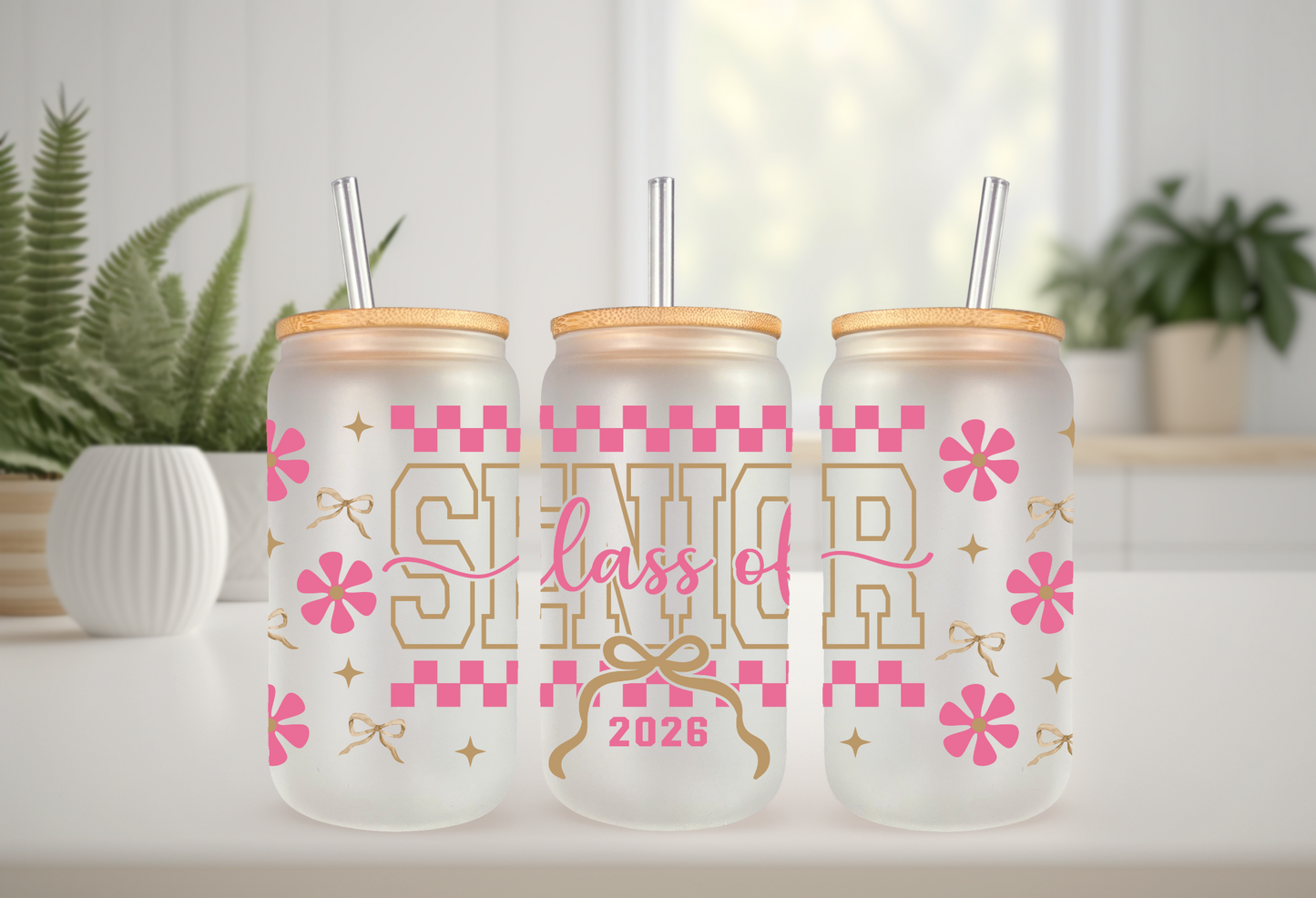 UVDTF Wrap Senior 2026 Checker and Bows for 16oz Can Glass, Mug Tumbler, Ready to Apply, Permanent Adhesive, Exclusive