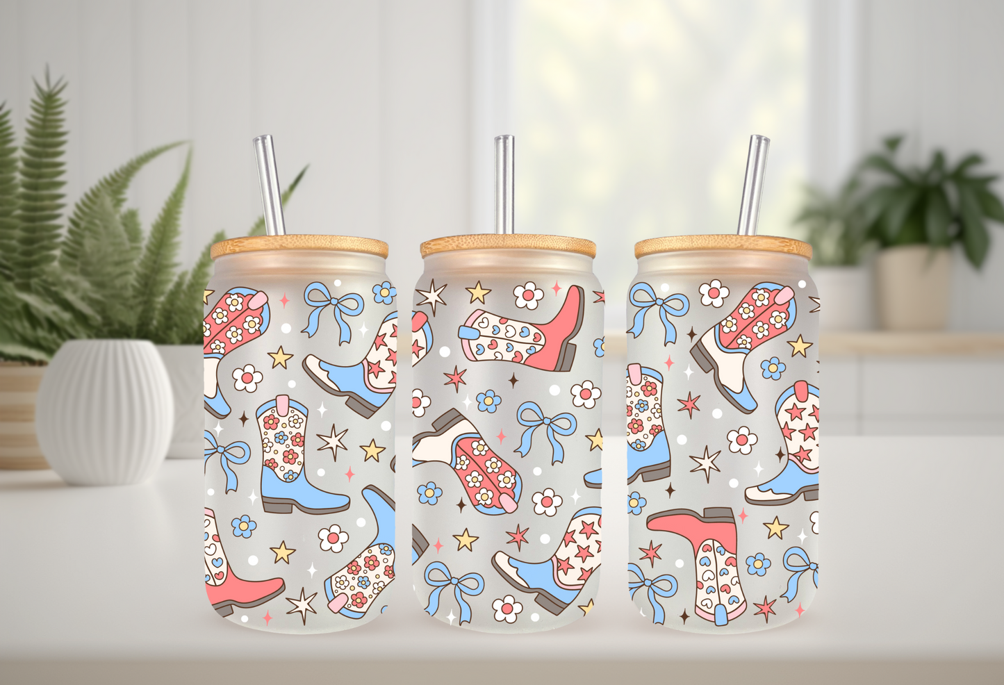 UVDTF Wrap 4th of July Western Boots 16oz Can Glass Mug Tumbler, Ready to apply, Permanent Waterproof Adhesive