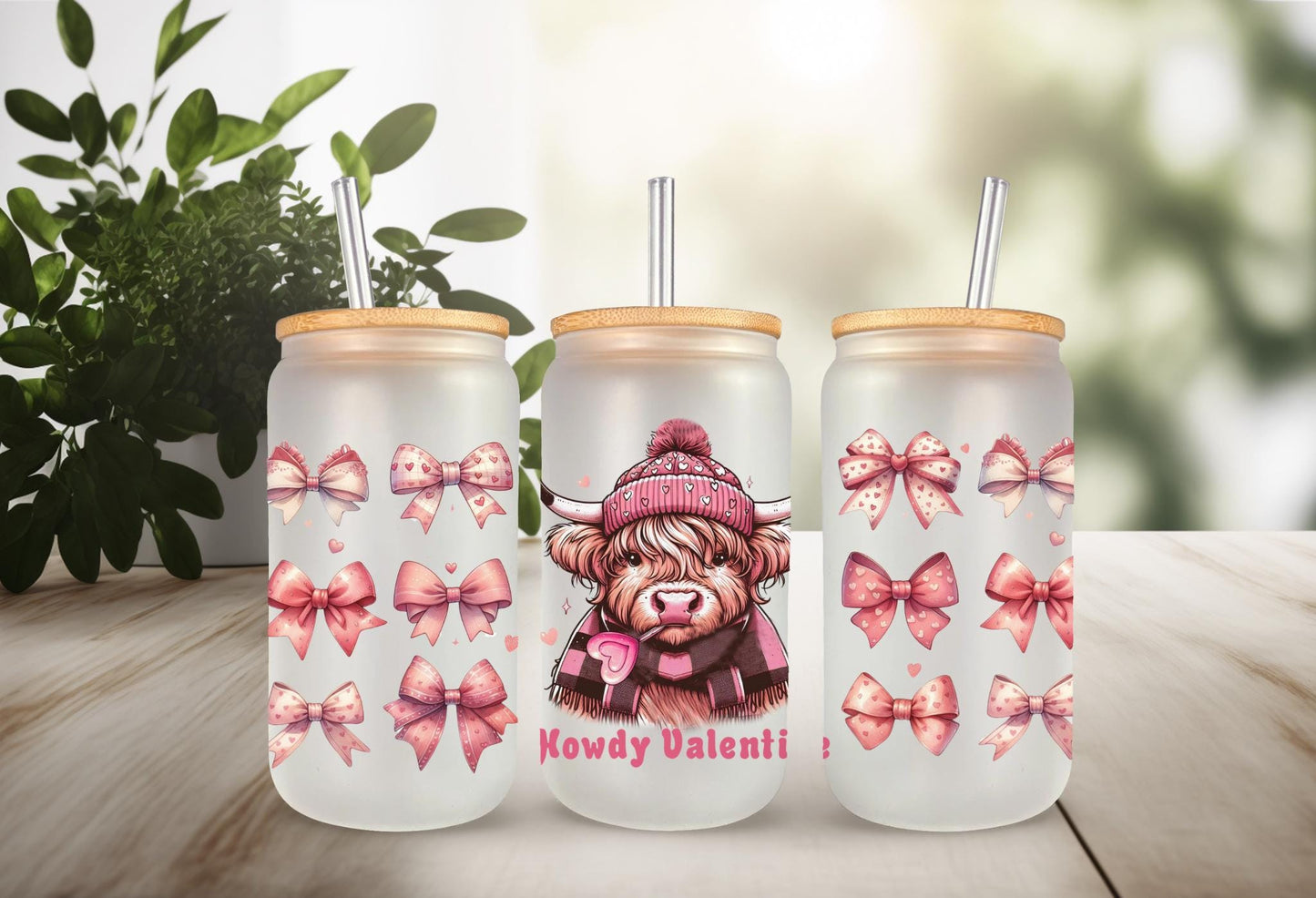 UVDTF Wrap Highland Cow Valentine Howdy 16oz Can Glass Mug Tumbler, Ready to Apply, Permanent Waterproof Adhesive