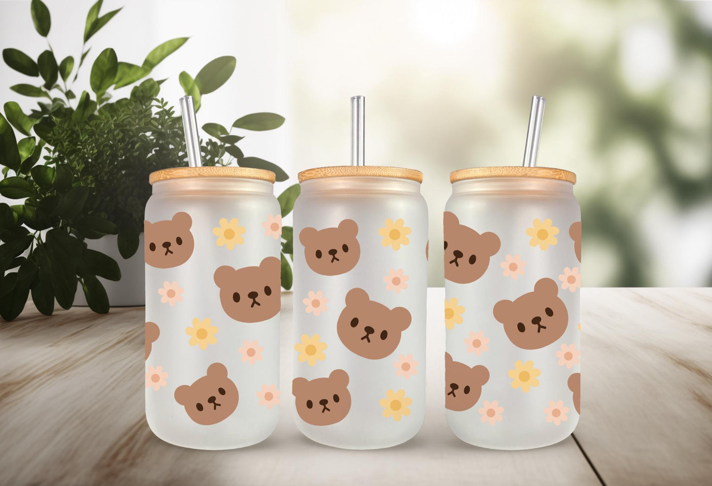 UVDTF Wrap Teddy Bear Light Brown 16oz Can Glass Mug Tumbler, Bear Wrap, Ready to Apply, Permanent Waterproof Adhesive