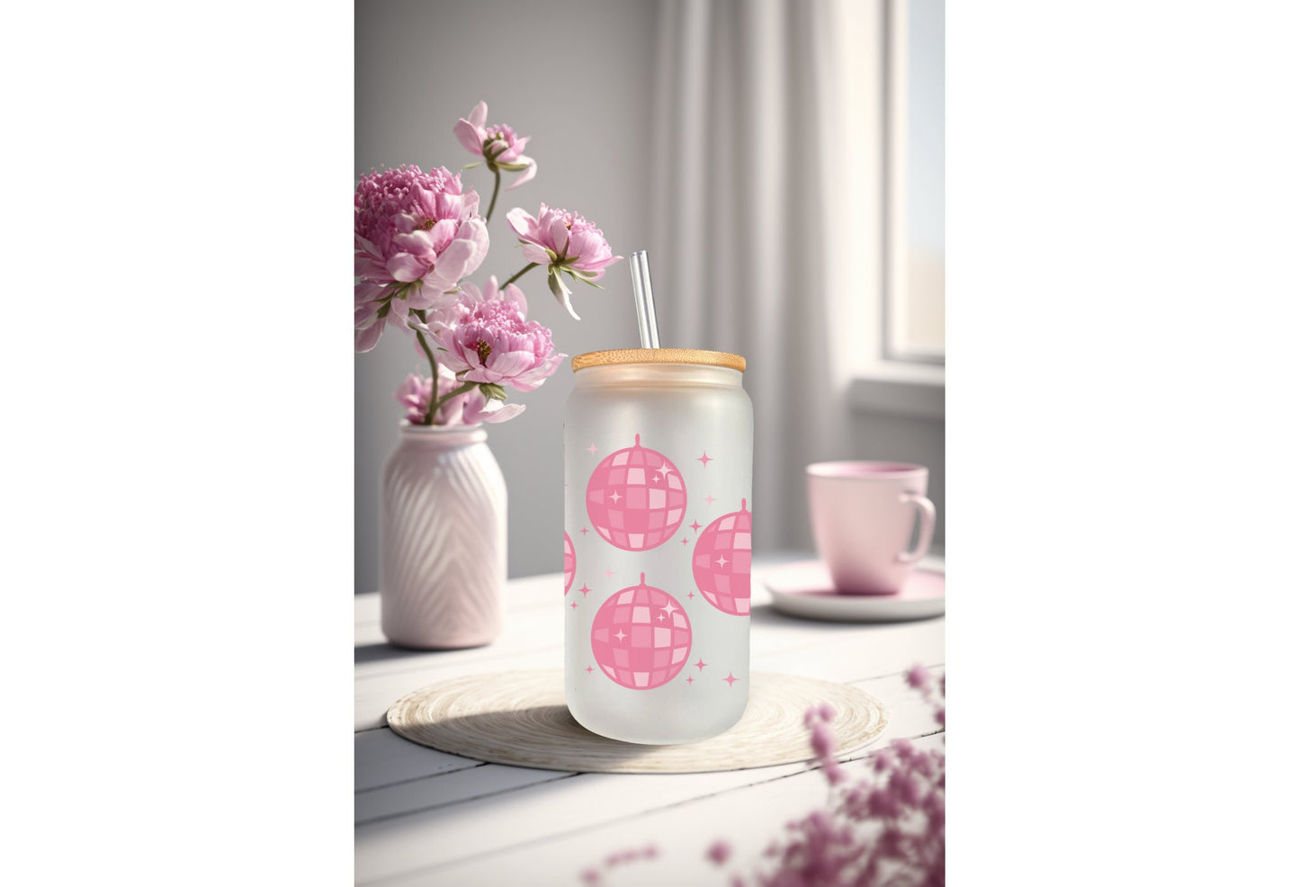 UVDTF Wrap Pink Disco Ball  16 oz Can Glass Mug Tumbler, Ready to apply, Permanent Waterproof Adhesive, Add on a Can Glass