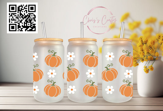 UVDTF Wrap Pumpkin Daisy 16oz Can Glass Mug Tumbler, Fall Wrap,  Ready to apply, Permanent Waterproof Adhesive, Double Sided Option