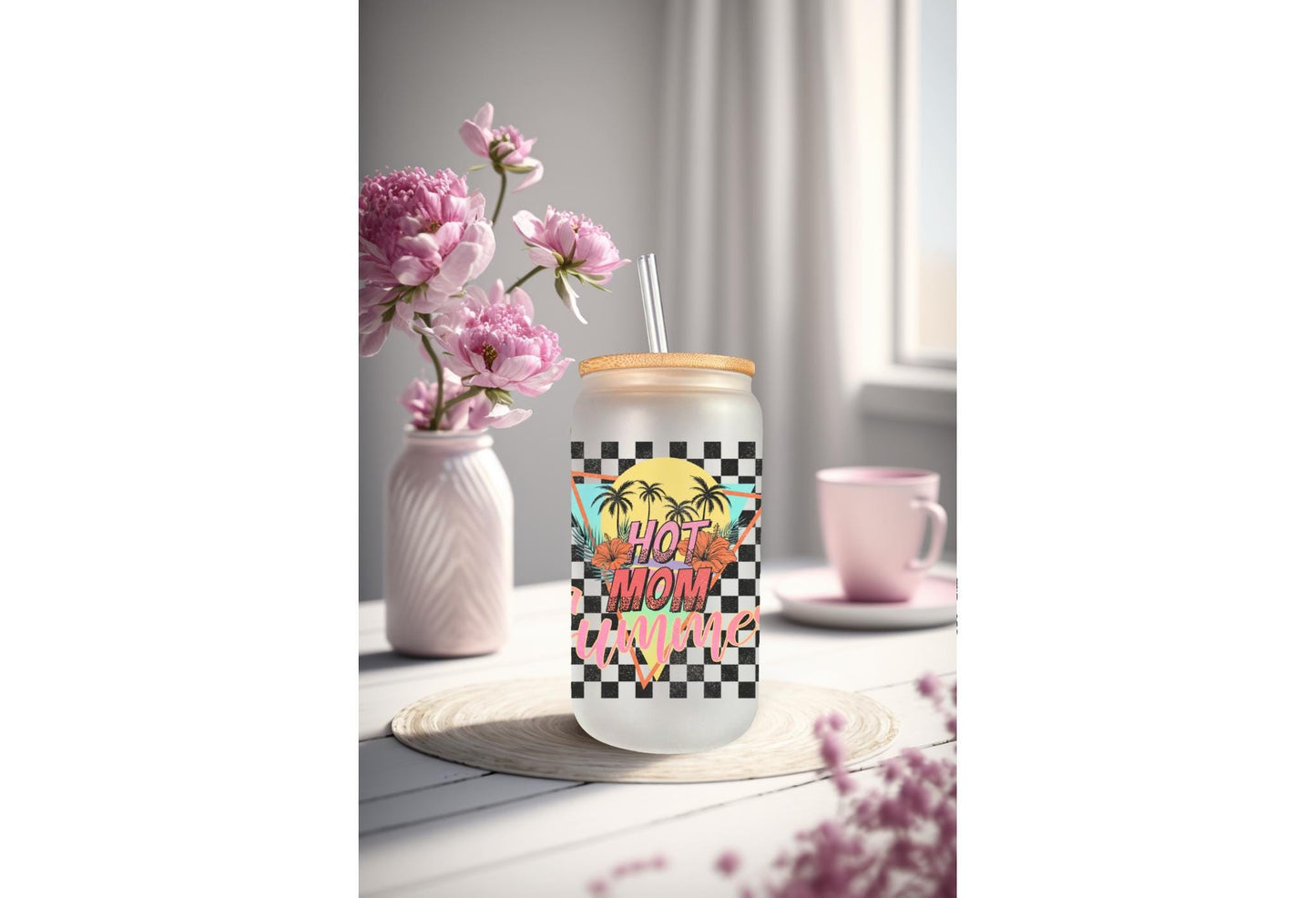 UVDTF Wrap Hot Mom Summer Checkered Palm 16oz Can Glass Mug Tumbler, Ready to apply, Permanent waterproof adhesive