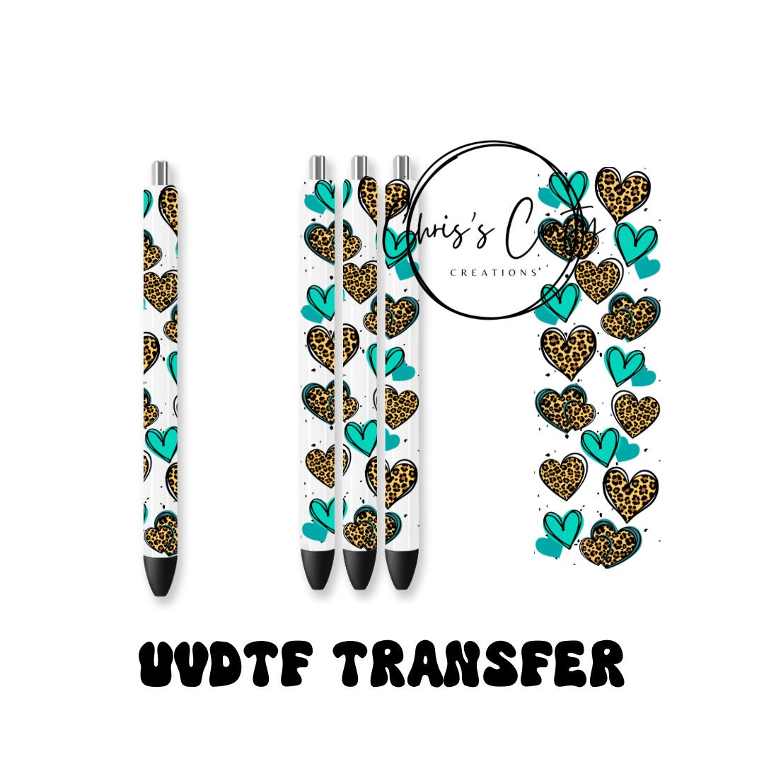 UVDTF Pen Wrap Teal Leopard Hearts, Ready to Apply, Permanent Waterproof Adhesive
