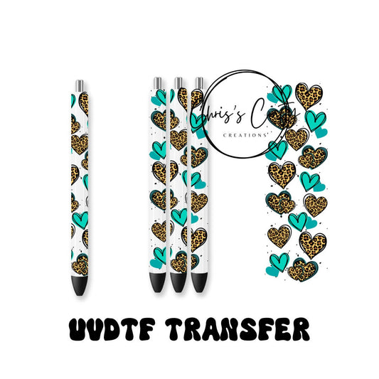 UVDTF Pen Wrap Teal Leopard Hearts, Ready to Apply, Permanent Waterproof Adhesive