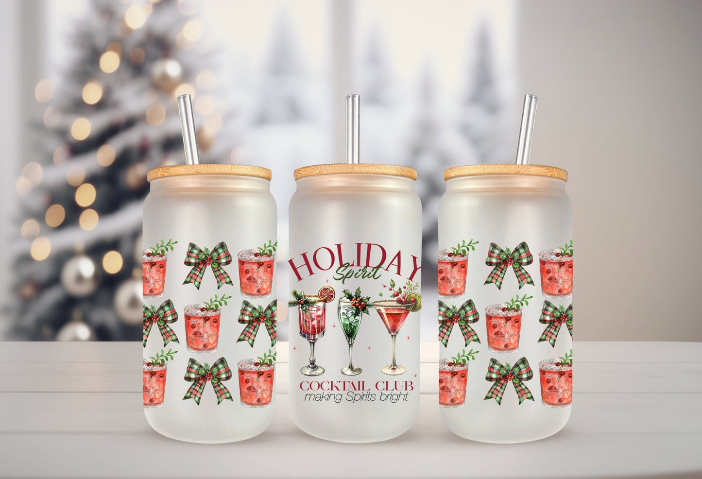 UVDTF Wrap Holiday Spirit Cocktail Club Coquettes Bows 16oz Can Glass, Mug, Tumbler, Ready to Apply, Permanent Waterproof Adhesive
