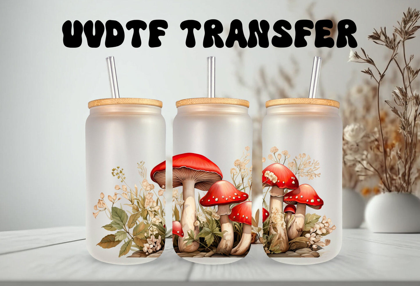 UVDTF Wrap Mushrooms Red Top 16oz Can Glass, Mug, Tumbler Wrap, Mushroom Wrap, Ready to Apply, Permanent Waterproof Adhesive