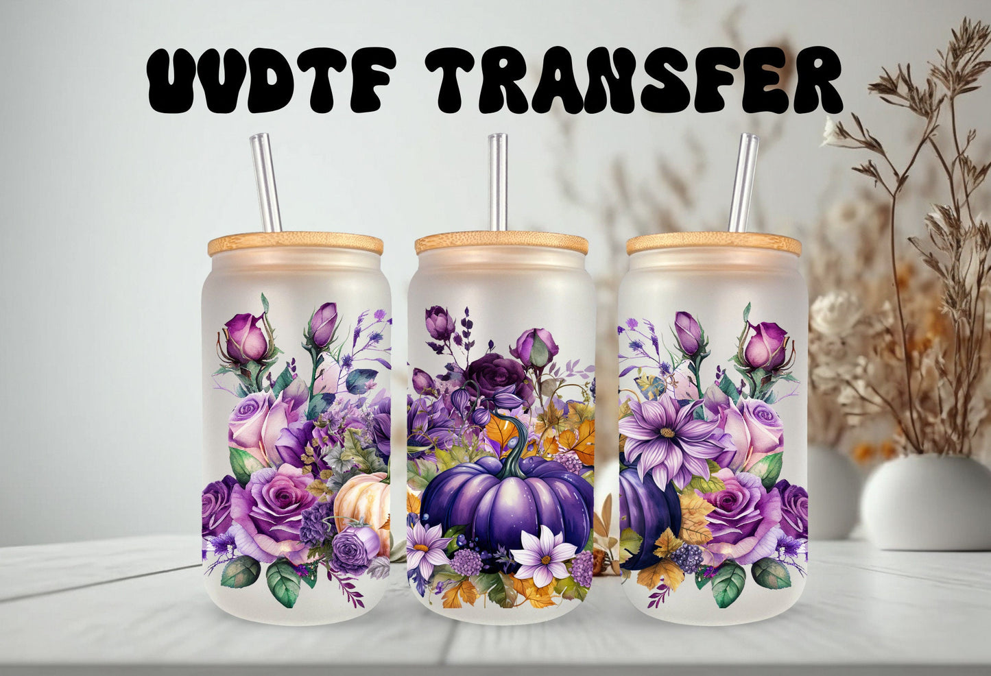 UVDTF Wrap Fall Pumpkin Purple Floral 16oz Can Glass  Mug Tumbler Wrap, Ready to apply, Permanent Adhesive, Double sided option