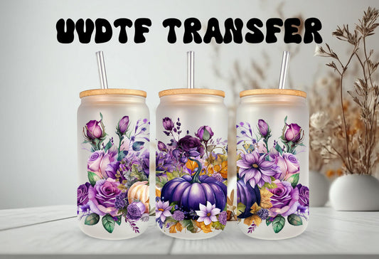 UVDTF Wrap Fall Pumpkin Purple Floral 16oz Can Glass  Mug Tumbler Wrap, Ready to apply, Permanent Adhesive, Double sided option