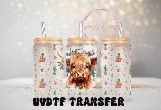 UVDTF Wrap Christmas Highland Cow 16oz Can Glass Mug Tumbler, Christmas Wrap, Ready to Apply, Permanent Waterproof Adhesive