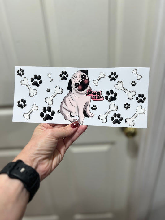 UVDTF Wrap Pug Mom 16oz Can Glass Mug Tumbler, Dog Mom Wrap, Ready to apply, Permanent Waterproof Adhesive