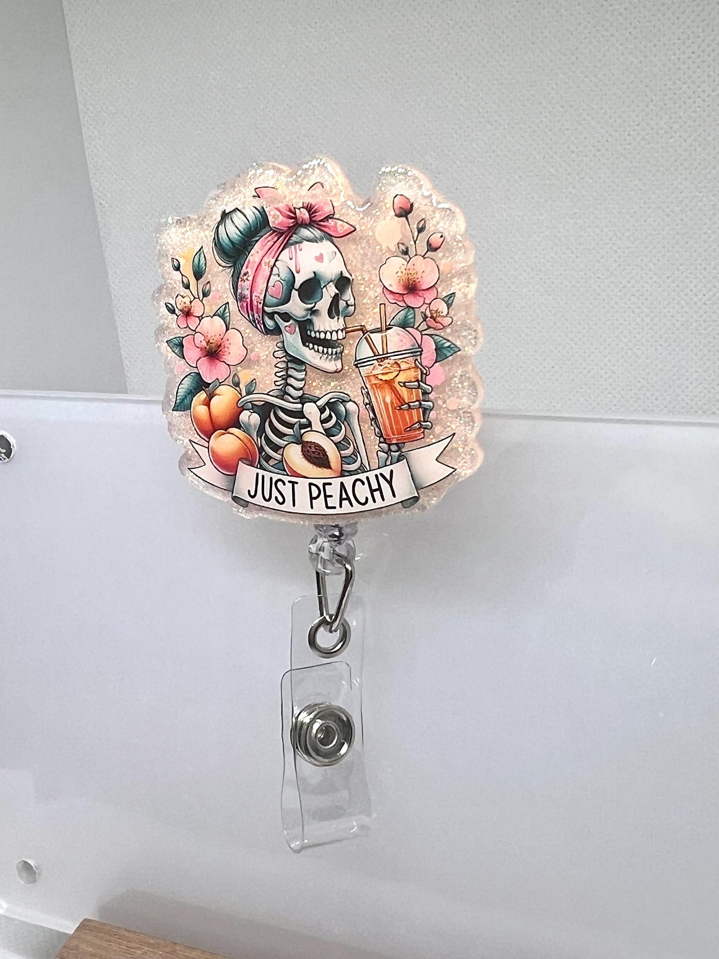 Just Peachy Badge Reel – Glittery Skeleton with Peaches and Flowers, Fun Retractable ID Holder