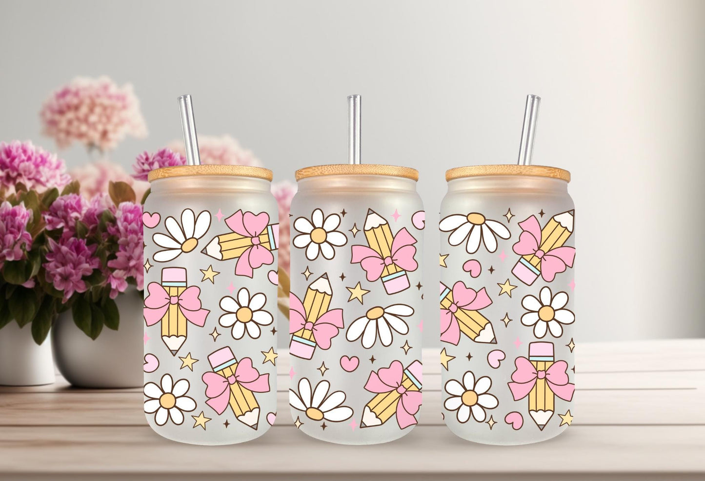 UVDTF Wrap Pencil Teacher Bow 16oz Can Glass Mug Tumbler, Teacher Wrap, Ready to apply, Permanent Waterproof Adhesive, Double Sided Print