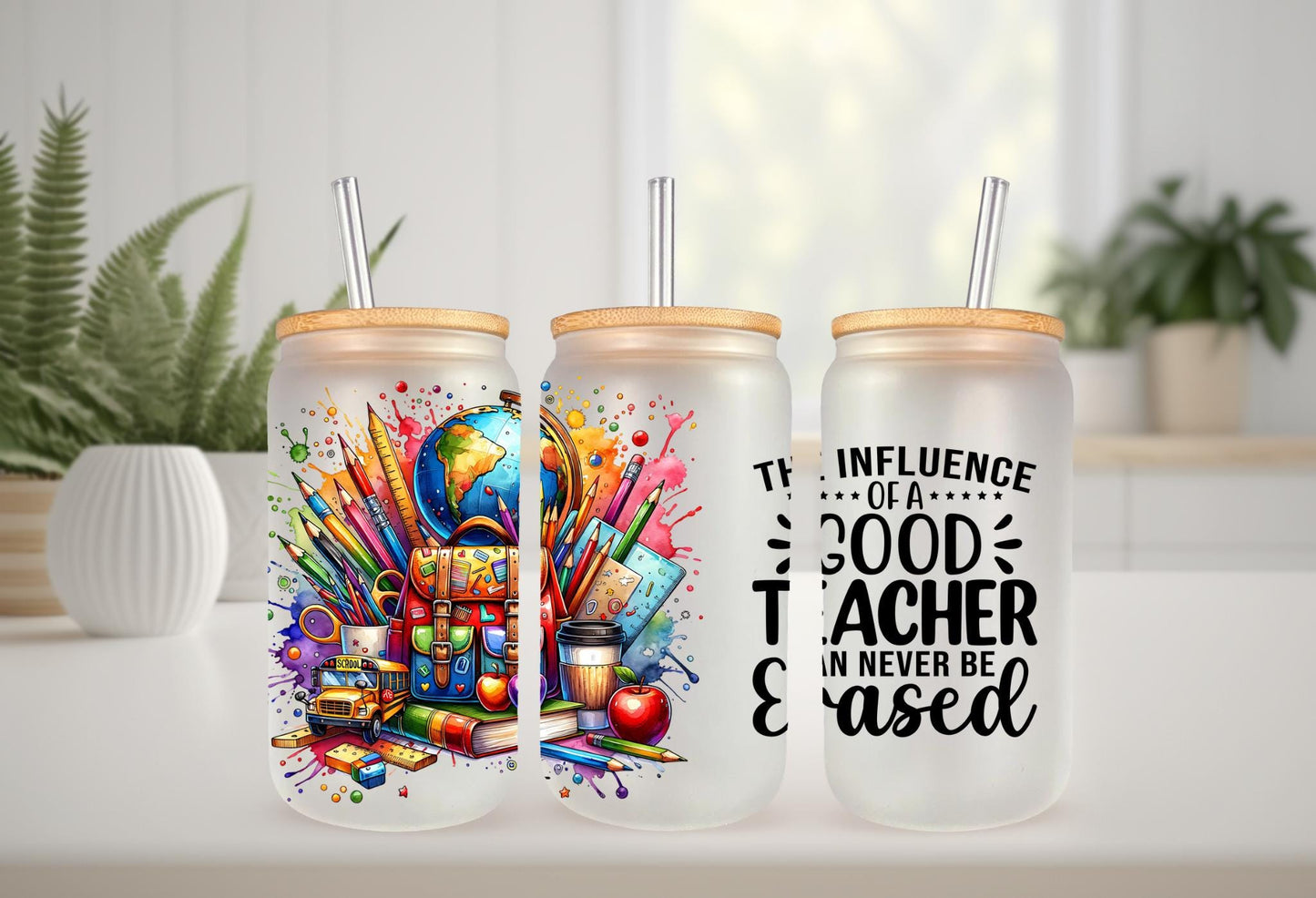 UVDTF Wrap Good Teacher 16oz Can Glass Mug Tumbler, Teacher Gift, Ready to Apply, Permanent Waterproof Adhesive