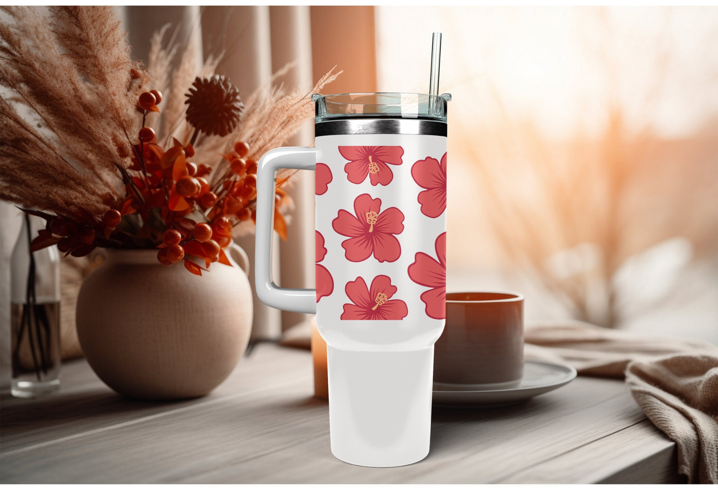 UVDTF Wrap Hibiscus Tropical Flower 16oz Can Glass Mug Tumbler, Tropical wrap, Ready to apply, Permanent Adhesive Waterproof