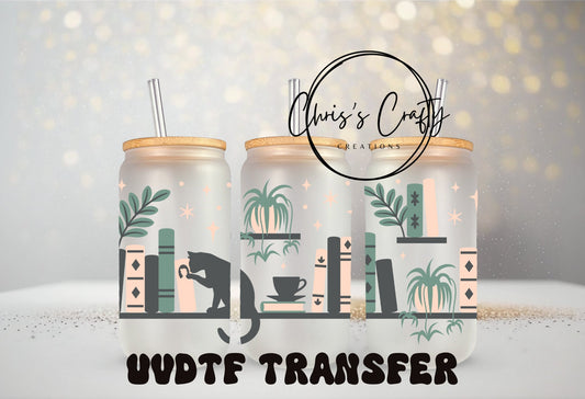 UVDTF Wrap Retro Cat Books Plants for 16oz 20oz Can Glass Wrap, Ready to apply, Permanent Waterproof Adhesive