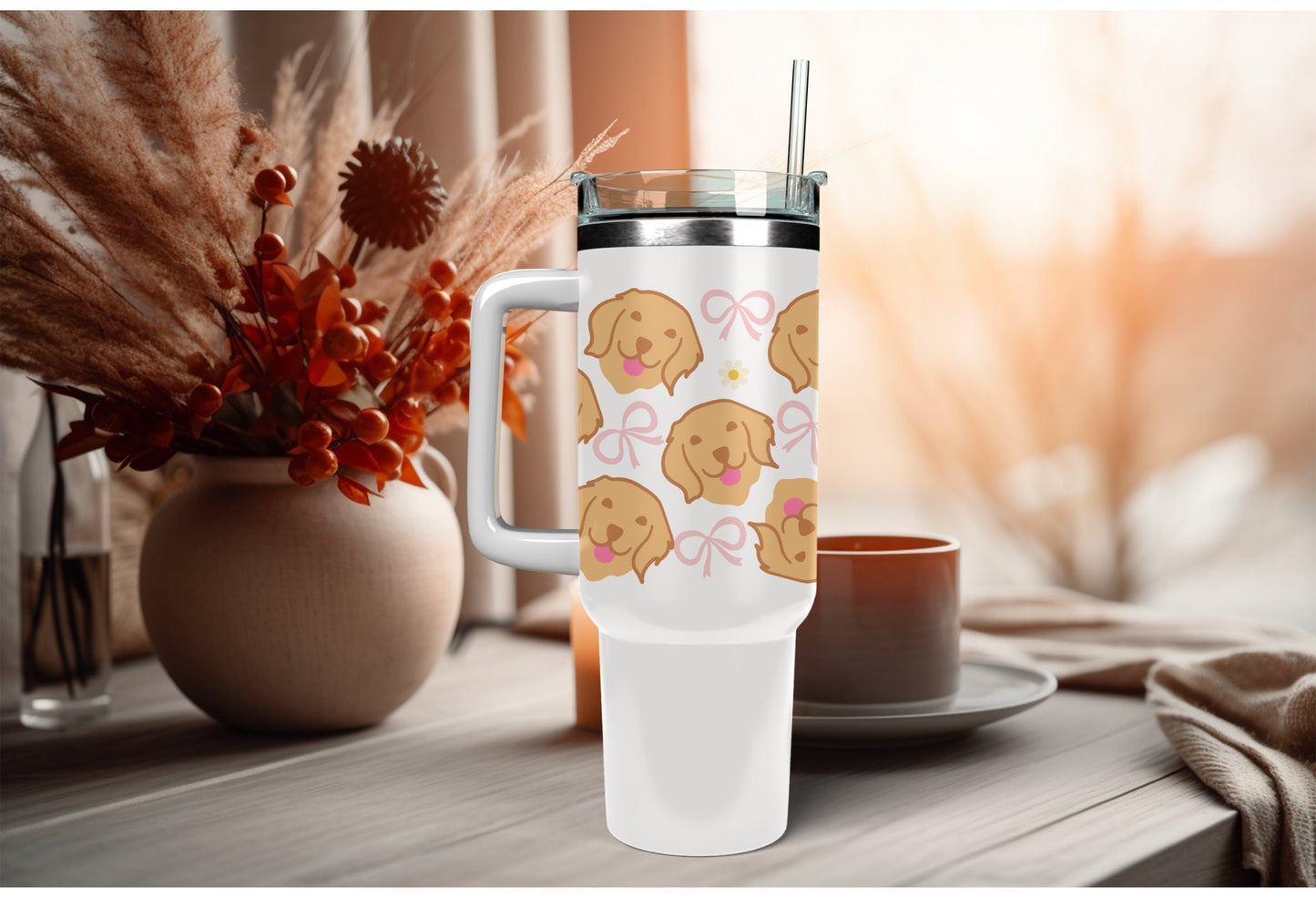 UVDTF Wrap Golden Retriever Coquette Bows for 16oz Can Glass Mug Tumbler, Mug, Ready to Apply, Permanent Waterproof Adhesive