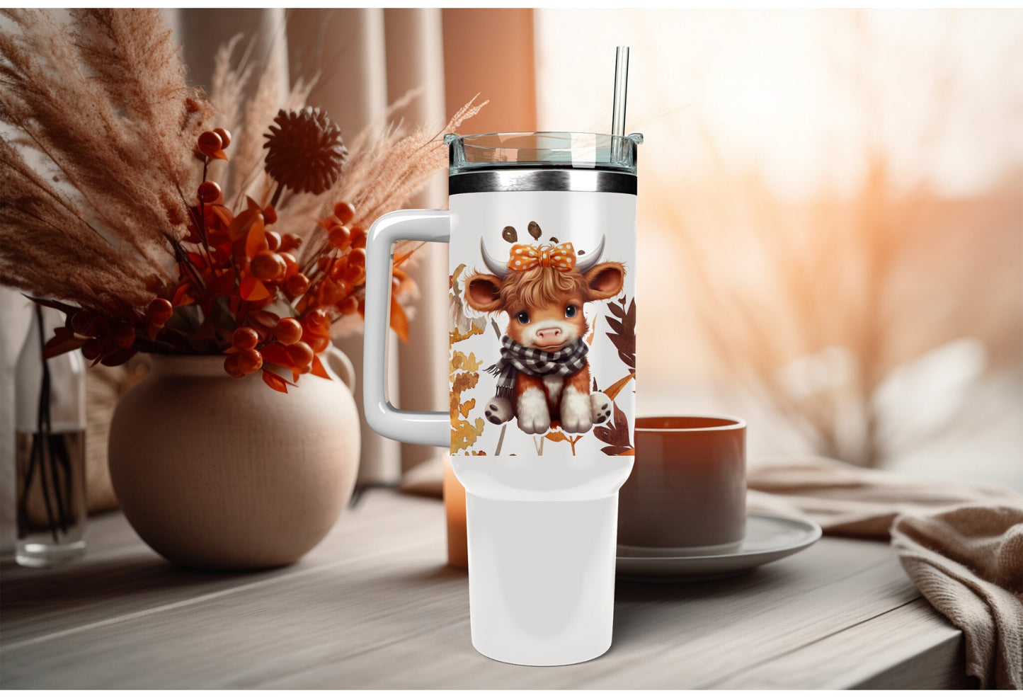 Cup Wrap Decal - Fall Floral Wrap With Cow Girl Design, 16 oz Glass Mug Sticker