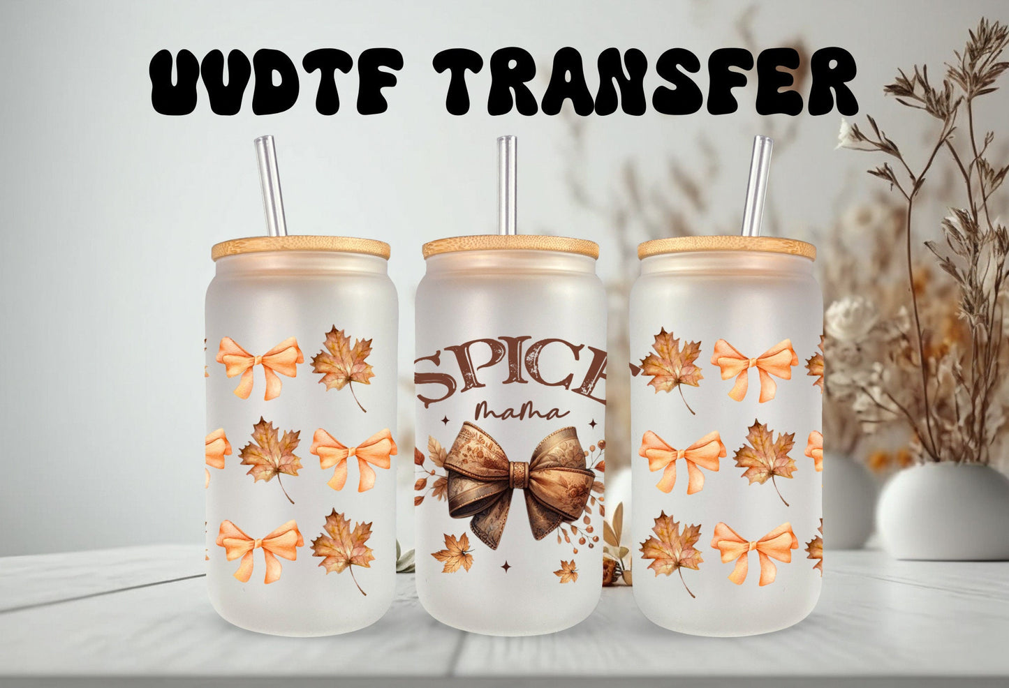 UVDTF Wrap Spice Mama Coquette Bows for 16oz Can Glass Mug Tumbler, Ready to apply, Permanent Waterproof Adhesive