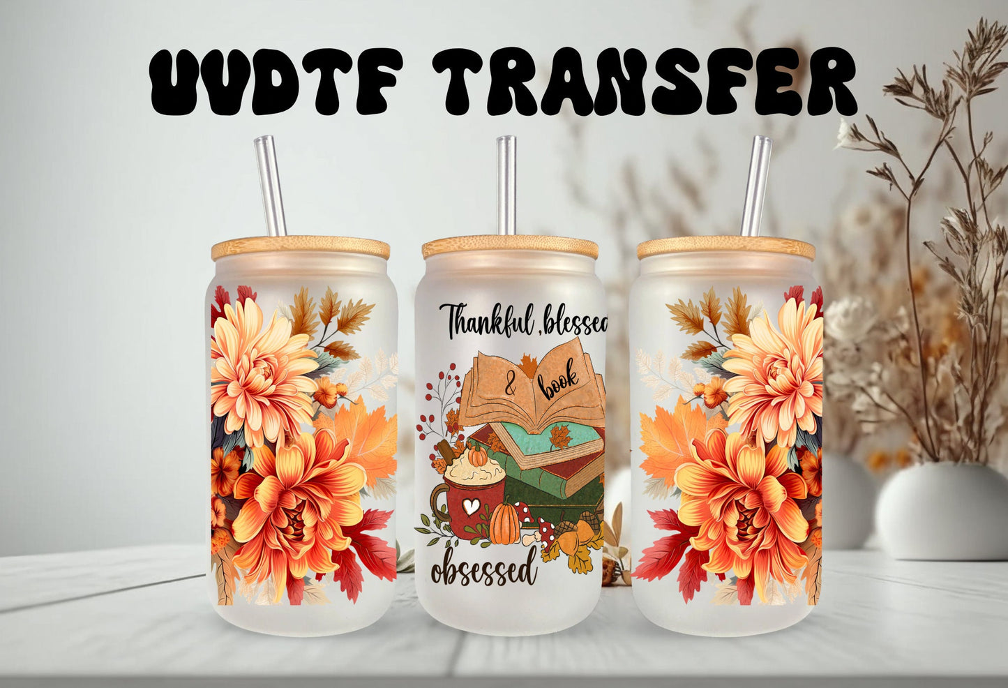 UVDTF Wrap Books Thankful Blessed Obsessed Floral 16oz Can Glass, Mug Tumbler, Ready to Apply, Permanent Waterproof Adhesive