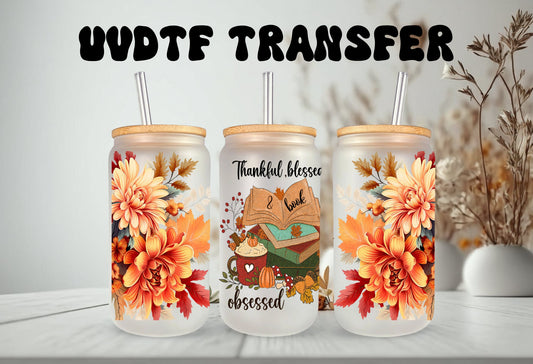 UVDTF Wrap Books Thankful Blessed Obsessed Floral 16oz Can Glass, Mug Tumbler, Ready to Apply, Permanent Waterproof Adhesive