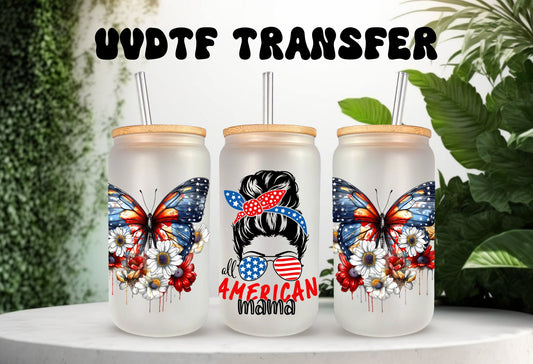 UVDTF Wrap American Mama Butterfly for 16oz Can Glass Mug Tumbler, Mom Bun, Ready to apply, Permanent Adhesive Waterproof, Apply to cupup
