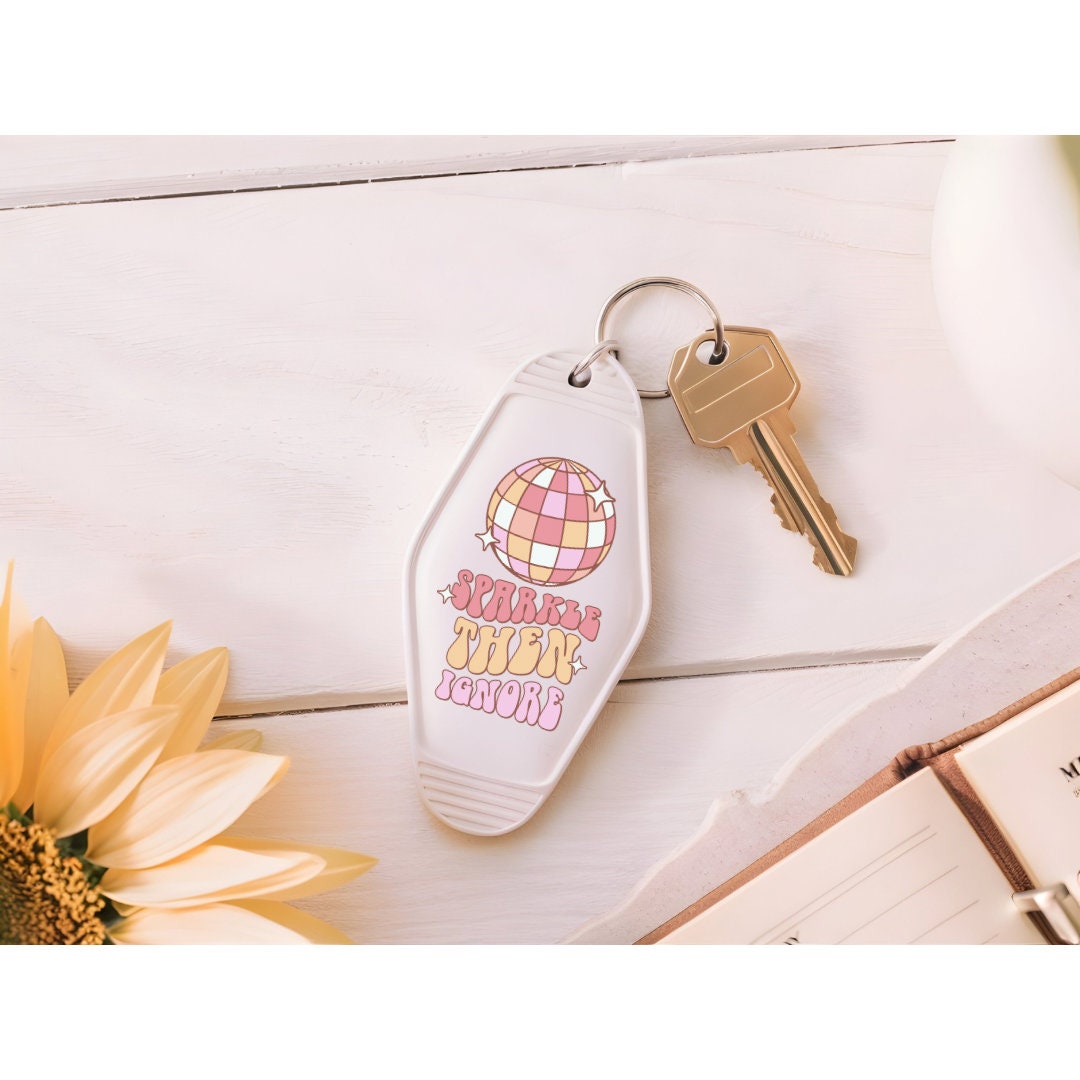 UVDTF Keychain Retro Sparkle Then Ignore  Decal, Motel Keychain Ready to Apply, UVDTF Motel Keychain Decal,  1 Only/Set of 5 Keychain Decals