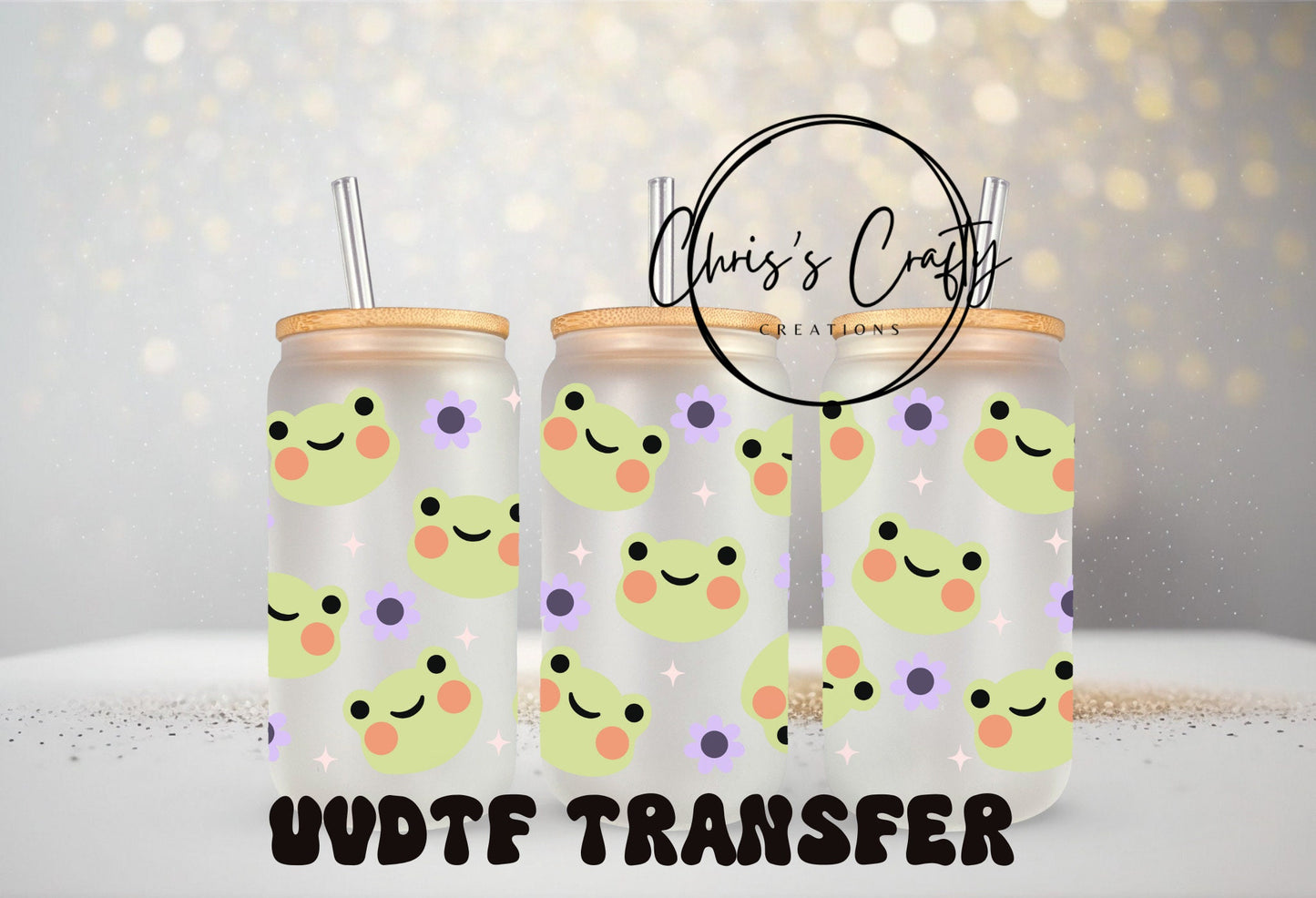 UVDTF Wrap Cute Frogs Purple Flowers for 16oz Can Glass Mug Tumbler, Ready to Apply, Permanent Waterproof Waterproof Adhesive