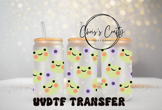 UVDTF Wrap Cute Frogs Purple Flowers for 16oz Can Glass Mug Tumbler, Ready to Apply, Permanent Waterproof Waterproof Adhesive